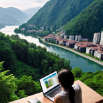 **Prompt:** An aerial view contrasting a dense, bustling megacity skyline with a serene, modern home set amidst nature (mountains, lakes, or lush forests). A person is visible inside the home, comfortably working on a laptop, symbolizing the shift towards remote work and a higher quality of life outside traditional urban centers. The scene should evoke a sense of peace and opportunity.