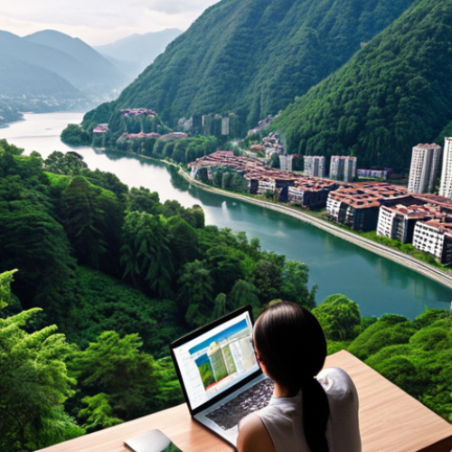 Home 24 **Prompt:** An aerial view contrasting a dense, bustling megacity skyline with a serene, modern home set amidst nature (mountains, lakes, or lush forests). A person is visible inside the home, comfortably working on a laptop, symbolizing the shift towards remote work and a higher quality of life outside traditional urban centers. The scene should evoke a sense of peace and opportunity.