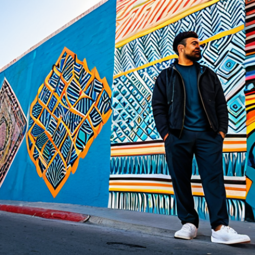Home 22 A professional adult traveler, fully clothed in a modest casual jacket and comfortable trousers, stands on a vibrant street in Los Angeles' Arts District. They are admiring a large, intricate street mural that dominates the wall, featuring abstract shapes and bright colors. The background shows glimpses of other diverse street art and a clean, bustling urban environment with pedestrians in appropriate attire. The scene is bathed in clear, natural daylight, reflecting the energetic and creative atmosphere of the city. perfect anatomy, correct proportions, natural pose, well-formed hands, proper finger count, natural body proportions, professional photography, high quality, safe for work, appropriate content, fully clothed, family-friendly.