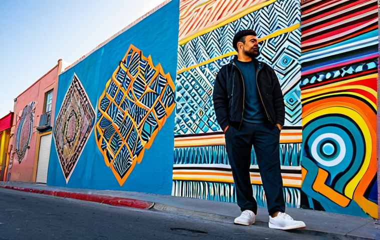 A professional adult traveler, fully clothed in a modest casual jacket and comfortable trousers, stands on a vibrant street in Los Angeles' Arts District. They are admiring a large, intricate street mural that dominates the wall, featuring abstract shapes and bright colors. The background shows glimpses of other diverse street art and a clean, bustling urban environment with pedestrians in appropriate attire. The scene is bathed in clear, natural daylight, reflecting the energetic and creative atmosphere of the city. perfect anatomy, correct proportions, natural pose, well-formed hands, proper finger count, natural body proportions, professional photography, high quality, safe for work, appropriate content, fully clothed, family-friendly.