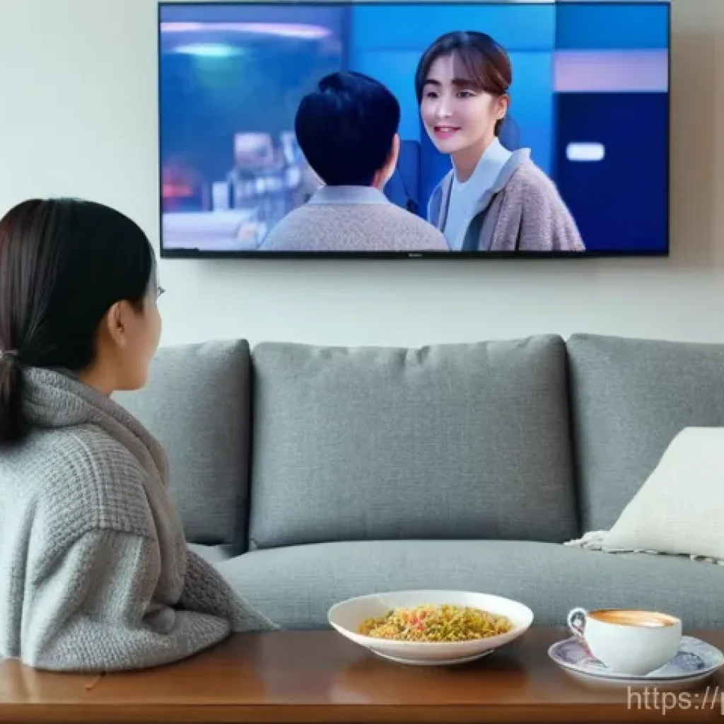 미국에서 한국 TV 보는 법 - **Immersive K-Drama Marathon:**
    A young woman in her late 20s is comfortably nestled on a plush,...