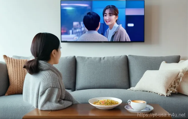 미국에서 한국 TV 보는 법 - **Immersive K-Drama Marathon:**
A young woman in her late 20s is comfortably nestled on a plush,...