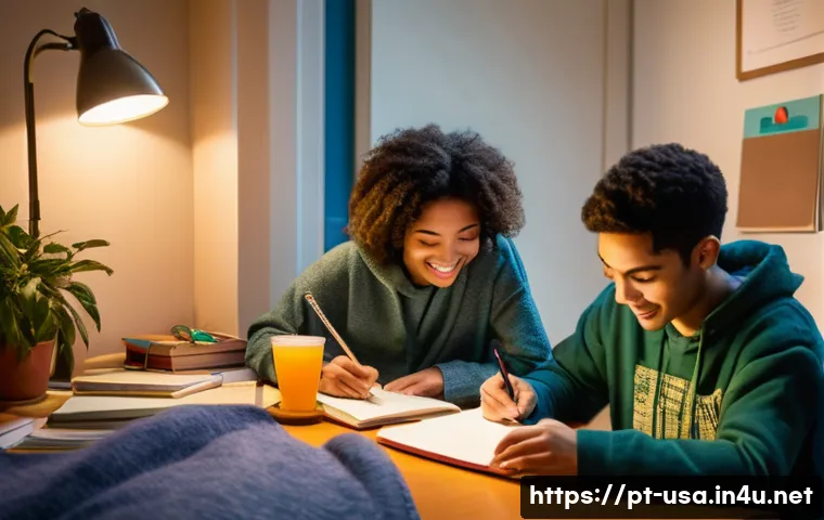 미국 대학교 기숙사 생활 - **Prompt:** A diverse group of three university students, two females and one male, are comfortably ...