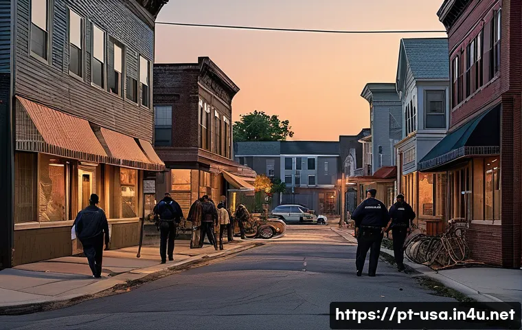미국 가장 위험한 도시 - A detailed urban street scene in a disadvantaged American neighborhood at dusk, showing poorly lit s...