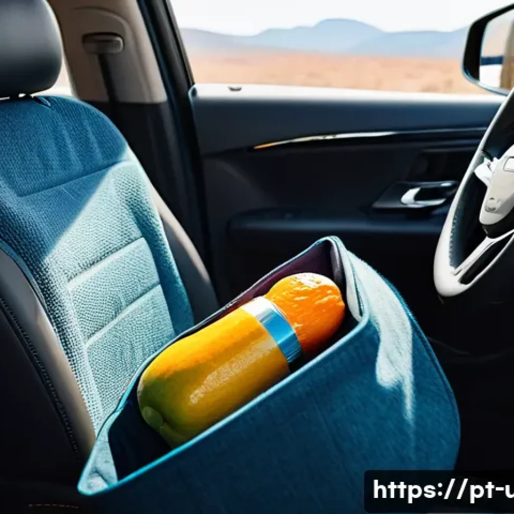 미국 로드트립 필수 준비물 - A detailed and vibrant scene inside a well-organized car during a long road trip in the USA, showing...