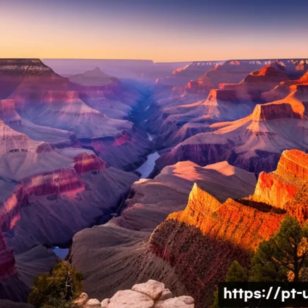 미국 그랜드캐년 여행 - A breathtaking panoramic view of the Grand Canyon South Rim at sunrise, showcasing golden sunlight i...