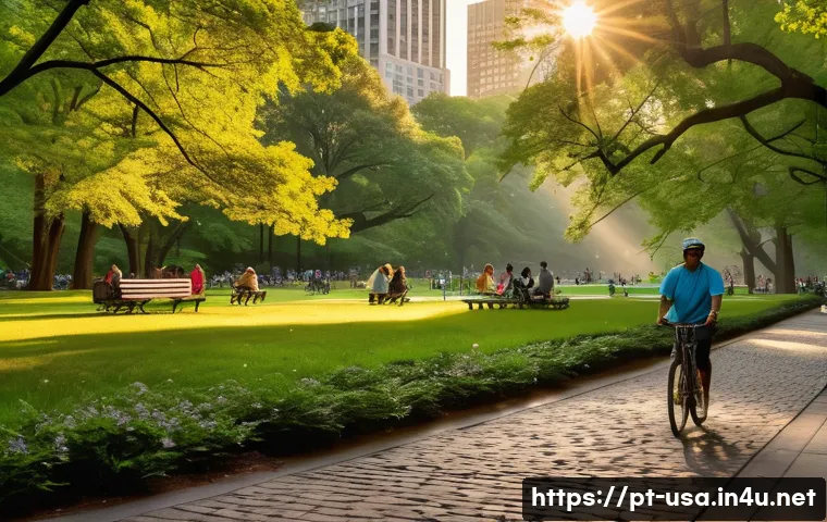 뉴욕 관광 필수 코스 - A vibrant early morning scene in Central Park, Manhattan, showing sun rays gently filtering through ...