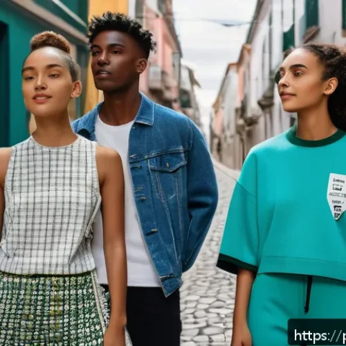 미국 유명 패션 브랜드 - A diverse group of young adults in a vibrant urban setting, each wearing stylish, sustainable fashio...
