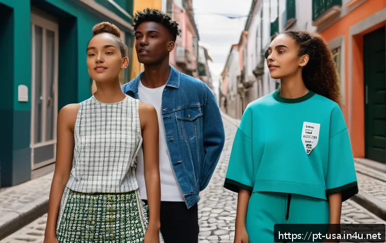미국 유명 패션 브랜드 - A diverse group of young adults in a vibrant urban setting, each wearing stylish, sustainable fashio...