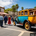 미국 할리우드 영화 투어 - A vibrant and detailed scene inside a famous Hollywood film studio tour, featuring visitors walking ...