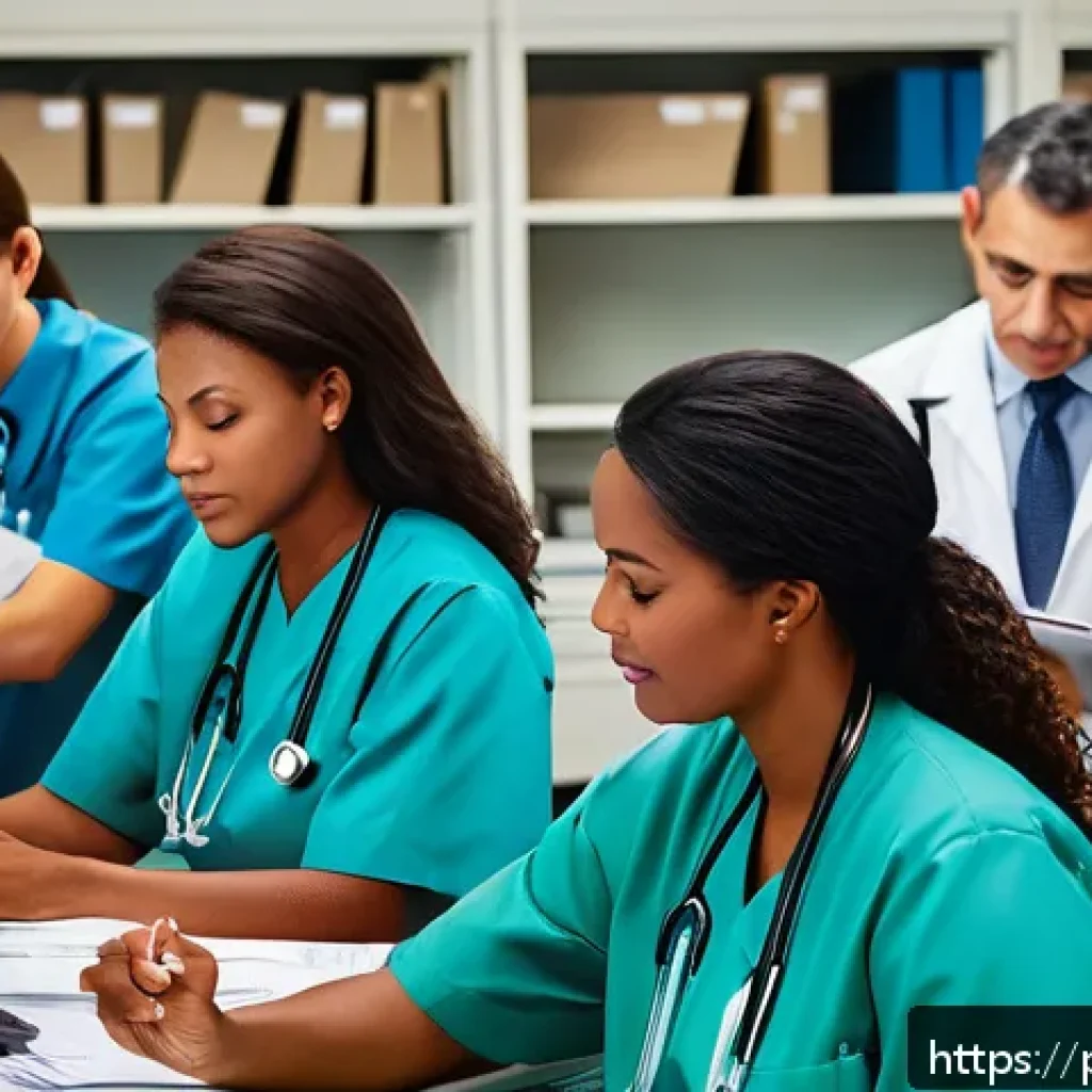 미국 병원 시스템과 의료비 - A busy American hospital administrative office filled with diverse healthcare professionals and cler...
