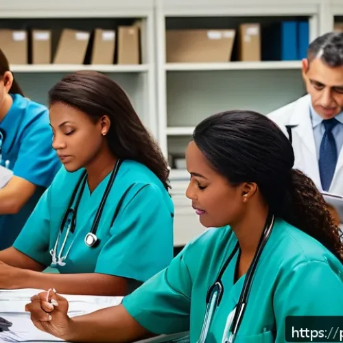미국 병원 시스템과 의료비 - A busy American hospital administrative office filled with diverse healthcare professionals and cler...