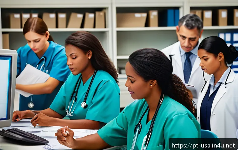 미국 병원 시스템과 의료비 - A busy American hospital administrative office filled with diverse healthcare professionals and cler...
