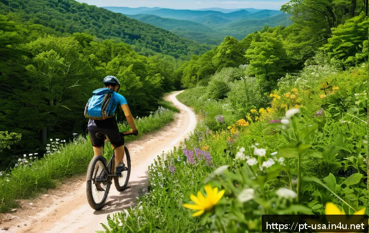 미국 자전거 여행 추천 루트 - A scenic and challenging mountain biking trail along the Appalachian Trail in spring, featuring dens...