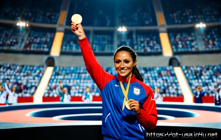 Home 16 미국 올림픽 성적 - Photorealistic Olympic-style victory podium with diverse American athletes wearing modest red, white...