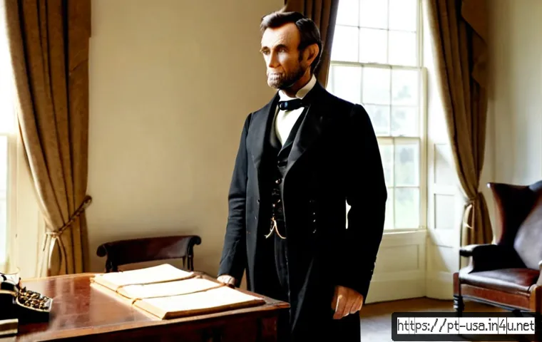 미국 유명한 역사적 인물 - Photorealistic historical reenactment portrait of Abraham Lincoln standing thoughtfully beside a woo...