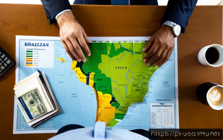 미국 주 State 별 세금 정책 - Photorealistic overhead view of a Brazilian financial advisor and adult client comparing United Stat...