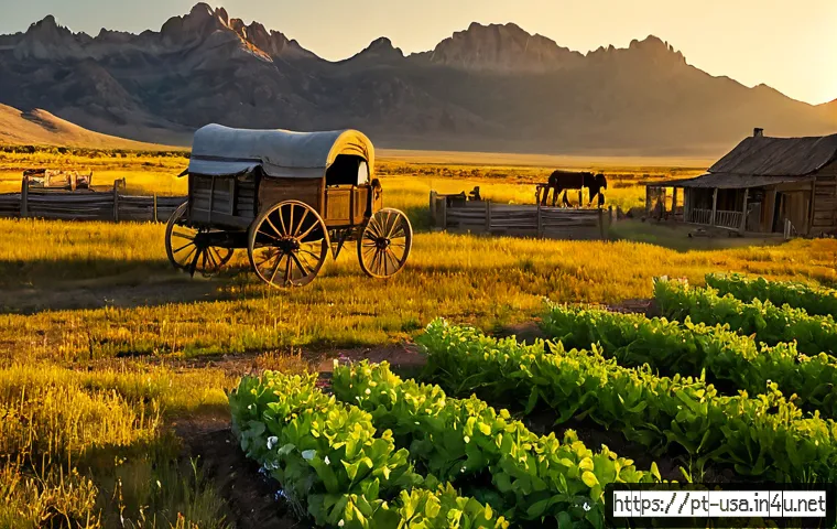 미국 서부 개척시대 역사 - Photorealistic American Wild West frontier scene, a weathered wooden homestead and covered wagon bes...